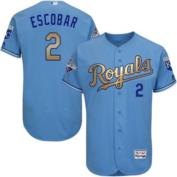 MLB Royals 2 Alcides Escobar Blue FlexBase 2015 World Series Champions Gold Men Jersey