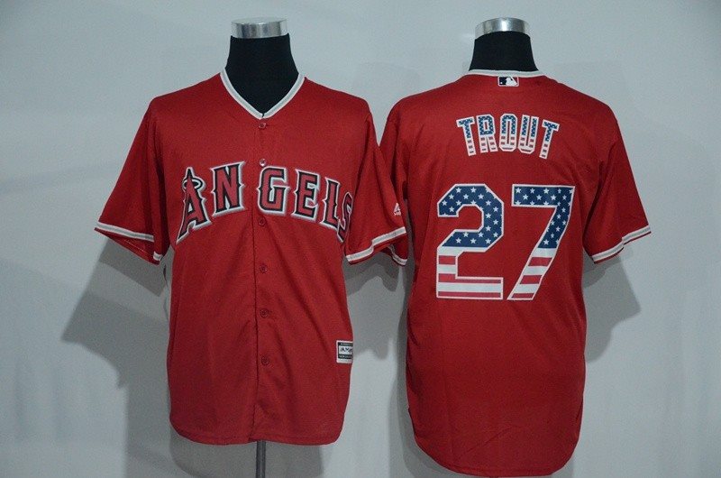 MLB Angels 27 Mike Trout Red USA Flag Men Jersey