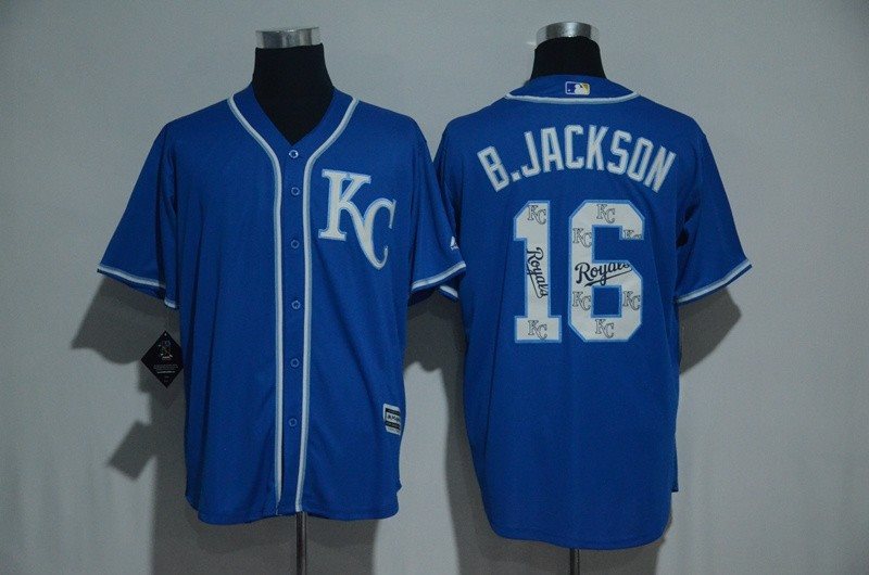 MLB Royals 16 Bo Jackson Blue Team Logo Print Cool Base Men Jersey