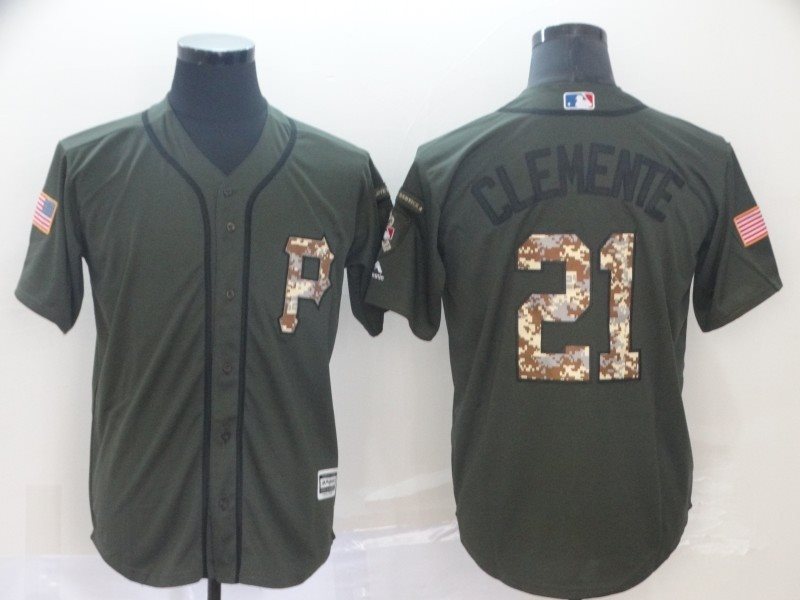 MLB Pirates 21 Roberto Clemente Olive Salute to Service Men Jersey