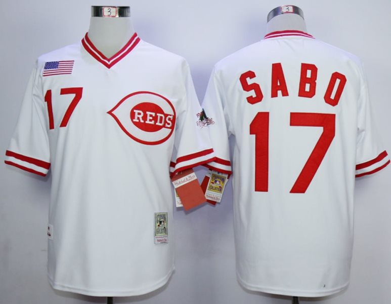 MLB Reds 17 Chris Sabo White 1990 Throwback Men Jersey