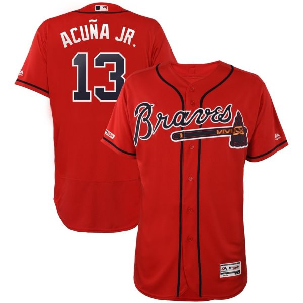 MLB Braves Ronald Acuna Jr Scarlet 150th Patch Flexbase Men Jersey