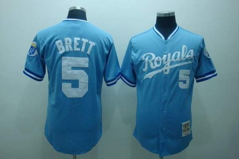 MLB Royals 5 George Brett Light Blue Thrwoback Mitchell and Ness Men Jersey