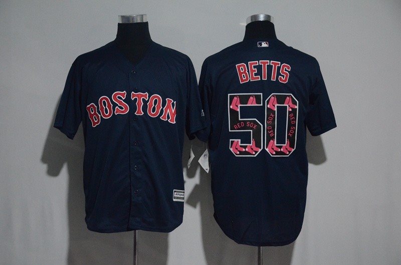 MLB Red Sox 50 Mookie Betts Navy Team Logo Print Cool Base Men Jersey