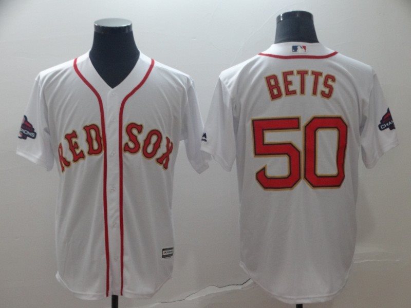 MLB Red Sox 50 Mookie Betts White 2019 Gold Program Cool Base Men Jersey