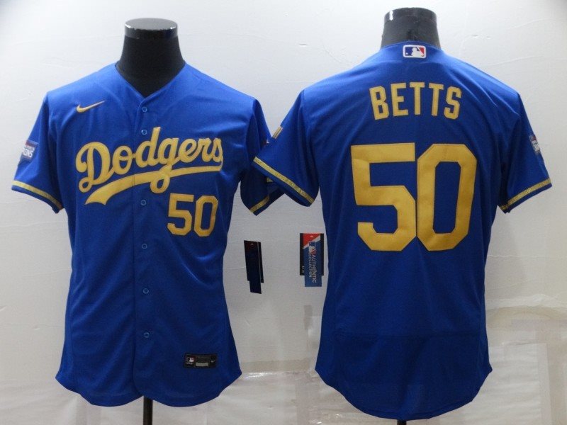 MLB Dodgers 50 Mookie Betts Blue Gold Nike Flexbase Men Jersey