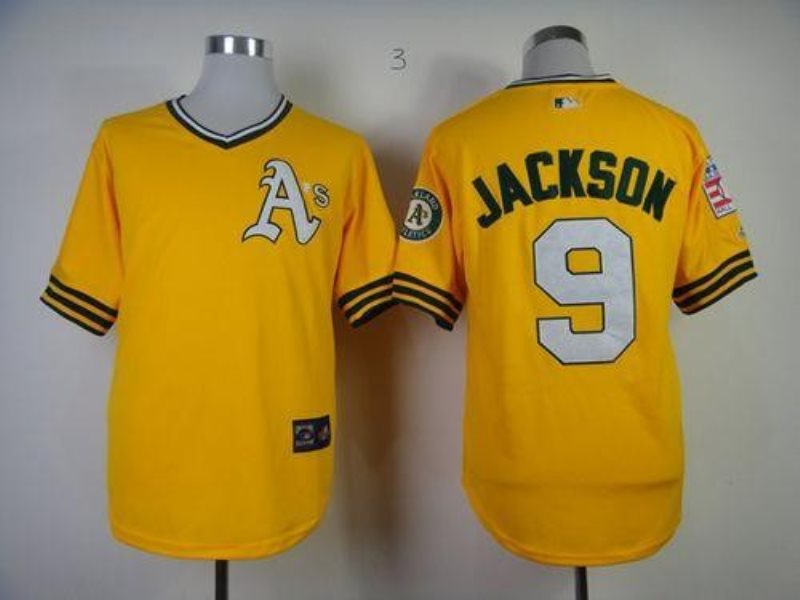 MLB Athletics 9 Reggie Jackson Yellow Mitchell and Ness Throwback Men Jersey