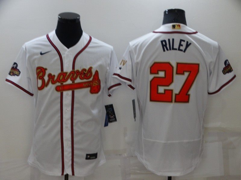 MLB Braves 27 Riley 2022 White Gold Nike Flexbase Men Jersey