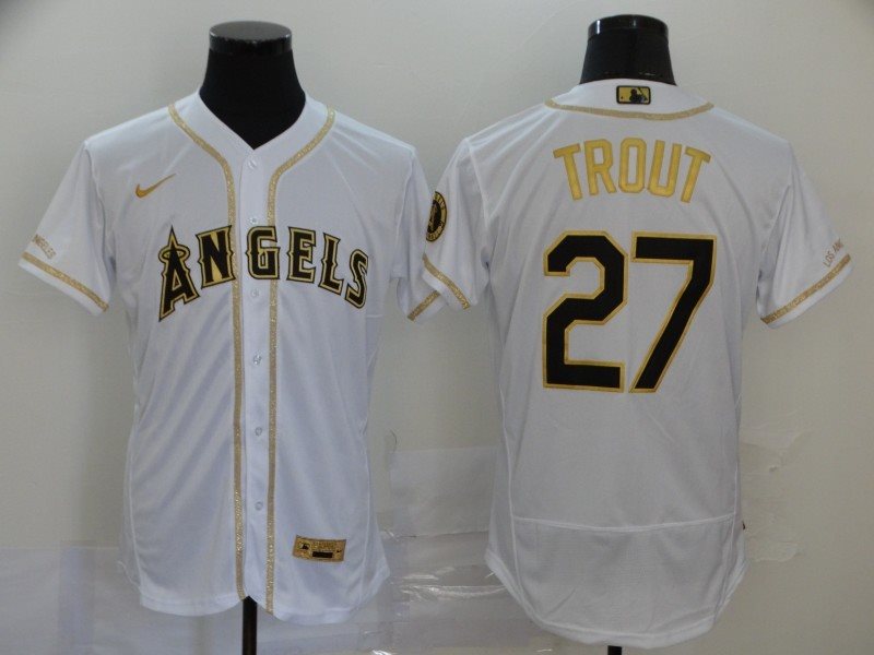 MLB Angels 27 Mike Trout White Gold 2020 Nike Flexbase Men Jersey