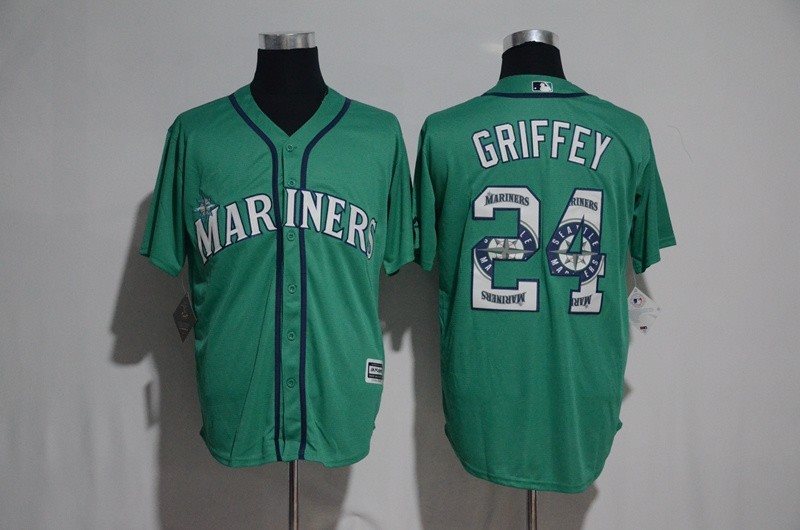MLB Mariners 24 Ken Griffey Jr Green Team Logo Print Cool Base Men Jersey