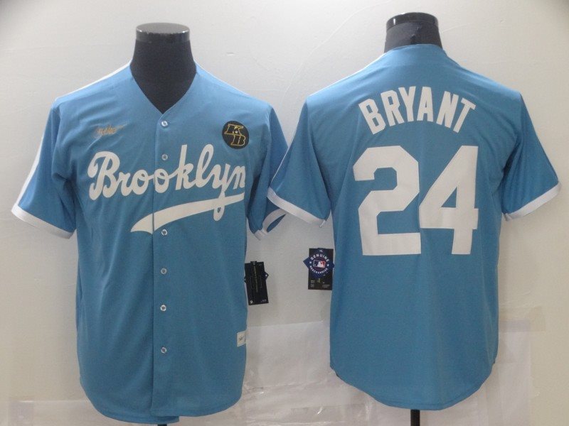 MLB Dodgers 24 Kobe Bryant Light Blue KB Patch Cool Base Men Jersey
