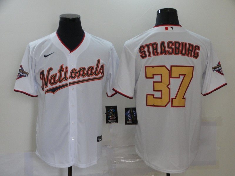 MLB Nationals 37 Stephen Strasburg White Gold 2020 Nike Cool Base Men Jersey