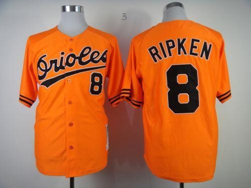 MLB Orioles 8 Cal Ripken 1989 Orange Mitchell and Ness Throwback Men Jersey