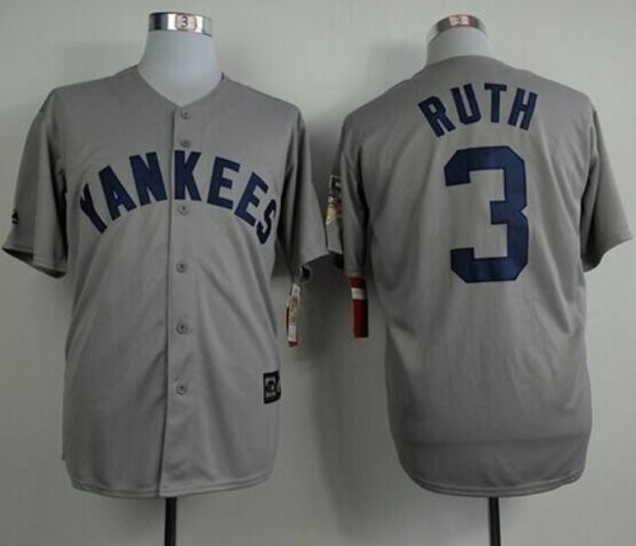 MLB Yankees 3 Babe Ruth Grey 75TH Mitchell and Ness Throwback Men Jersey