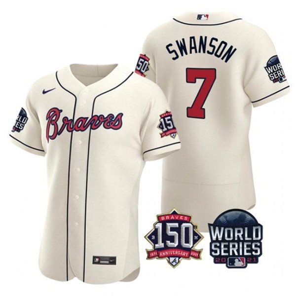 MLB Braves 7 Dansby Swanson Cream 2021 World Series With 150th Anniversary Patch Flexbase Men Jersey