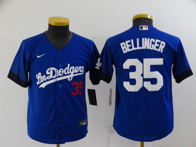 MLB Dodgers 35 Cody Bellinger Royal 2021 City Connect Cool Base Youth Jersey