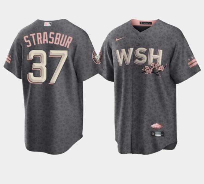 MLB Nationals 37 Stephen Strasburg 2022 Gray City Connect Cherry Blossom Nike Cool Base Men Jersey