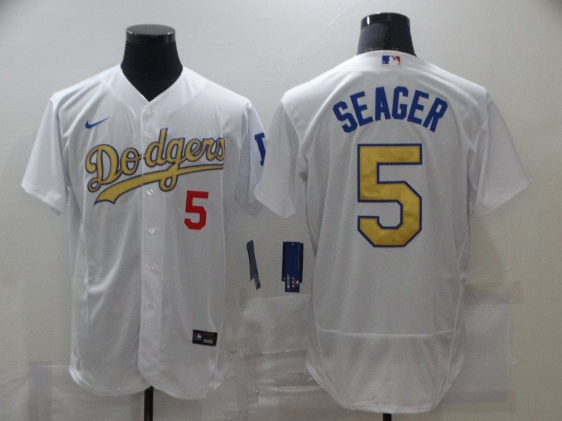 MLB Dodgers 5 Corey Seager White Gold Flexbase Men Jersey