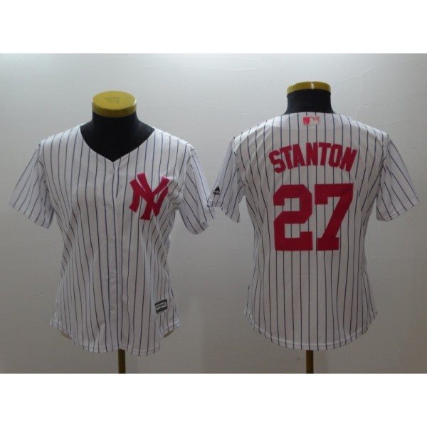 MLB Yankees 27 Giancarlo Stanton White Pink New Cool Base Women Jersey