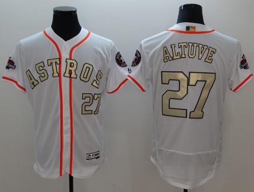 Astros #27 Jose Altuve White FlexBase Authentic 2017 World Series Champions Gold Program Stitched MLB Jersey