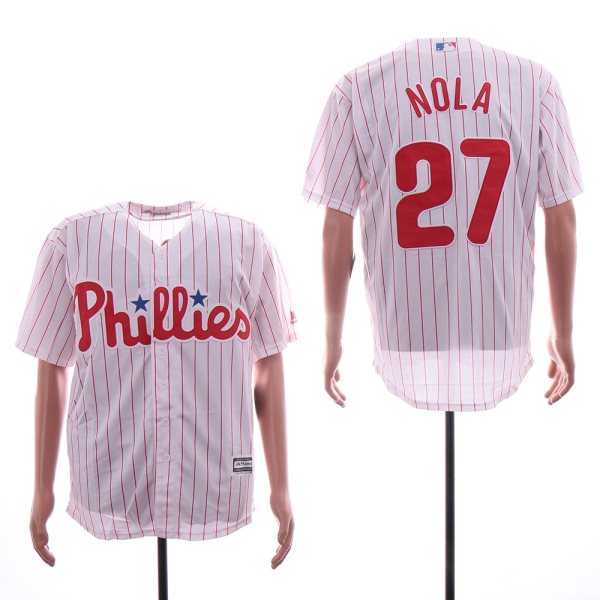 MLB Phillies 27 Aaron Nola White(Red Strip) Cool Base Men Jersey