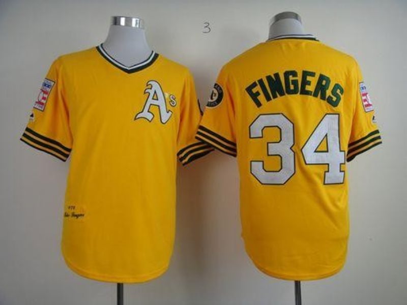 MLB Athletics 34 Rollie Fingers Yellow Mitchell and Ness Throwback Men Jersey