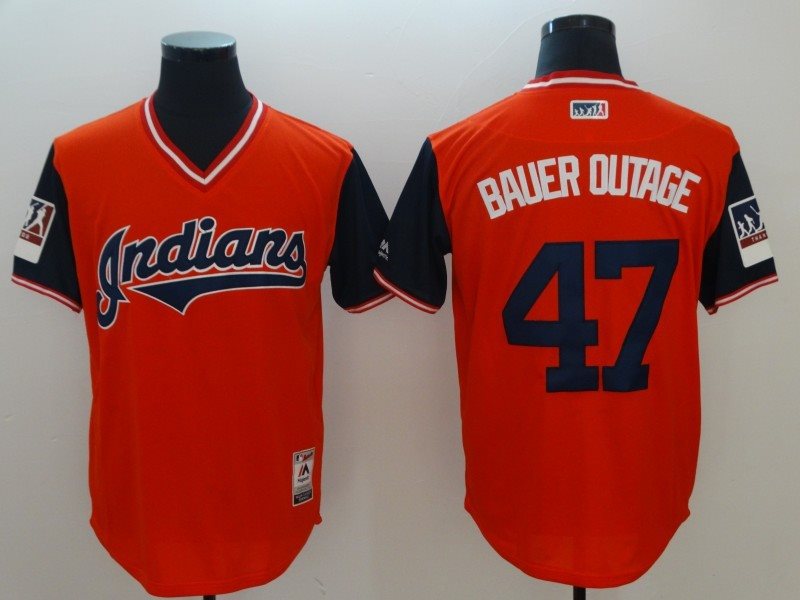 MLB Indians 47 Trevor Bauer Bauer Outage Red 2018 Players' Weekend Men Jersey