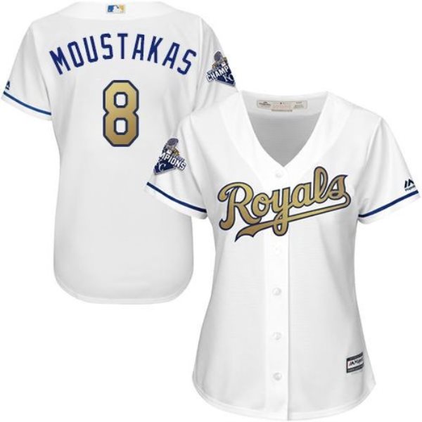 MLB Royals 8 Mike Moustakas White 2015 World Series Champions Gold Women Jersey