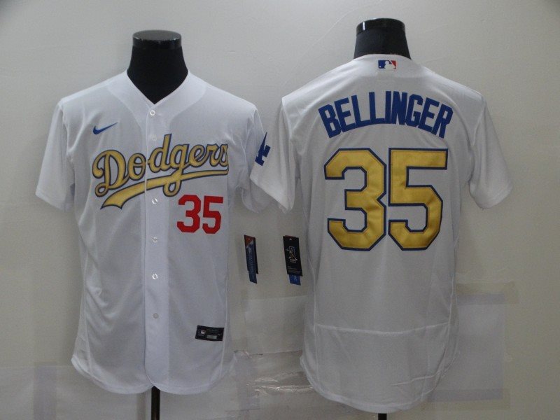 MLB Dodgers 35 Cody Bellinger White Gold 2020 Nike Cool Base Men Jersey