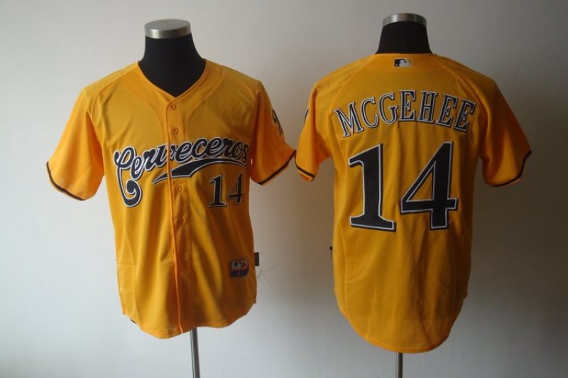 MLB Brewers 14 Casey McGehee Yellow Cerveceros Cool Base Men Jersey