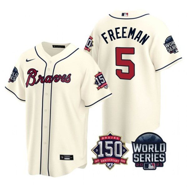 MLB Braves 5 Freddie Freeman Cream 2021 World Series With 150th Anniversary Patch Cool Base Men Jersey