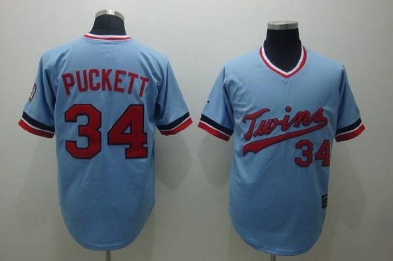 MLB Twins 34 Kirby Puckett Light Blue Mitchell and Ness Throwback Men Jersey