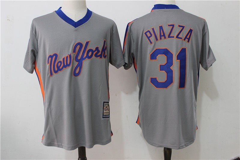 MLB Mets 31 Mike Piazza Gray Cool Base Cooperstown Collection Men Jersey