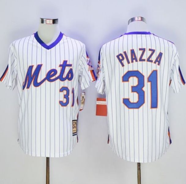 MLB Mets 31 Mike Piazza White(Blue Strip) Mitchell and Ness Throwback Men Jersey