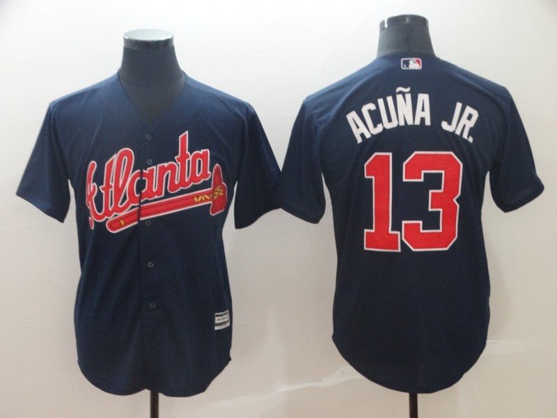 MLB Braves 13 Ronald Acuna Jr Blue With Red Number Cool Base Men Jersey