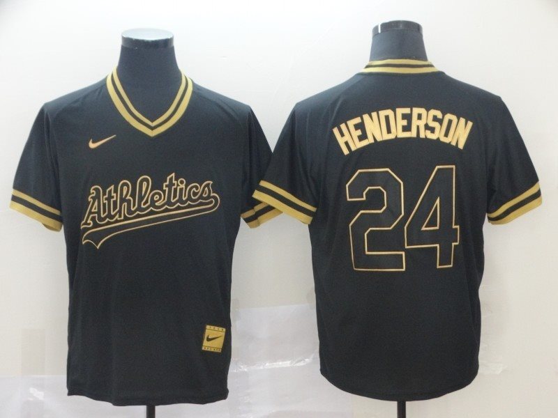 MLB Athletics 24 Rickey Henderson Black Gold Nike Cooperstown Legend V Neck Men Jersey
