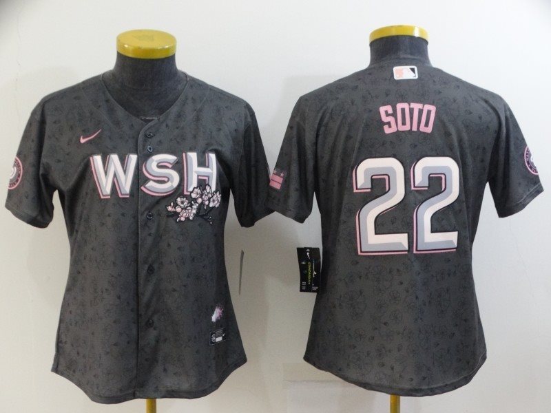 MLB Nationals 22 Juan Soto 2022 Gray City Connect Cherry Blossom Nike Cool Base Women Jersey(Run Small)