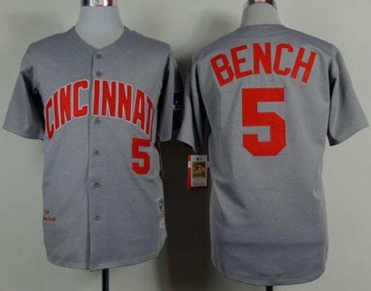 MLB Reds 5 Johnny Bench Grey 1969 Mitchell and Ness Throwback Men Jersey