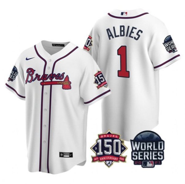 MLB Braves 1 Ozzie Albies White 2021 World Series With 150th Anniversary Patch Cool Base Men Jersey
