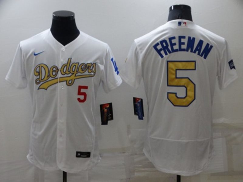 MLB Dodgers 5 Freddie Freeman White Gold Nike FlexBase Men Jersey
