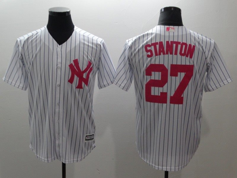 MLB Yankees 27 Giancarlo Stanton White Pink Cool Base Men Jersey