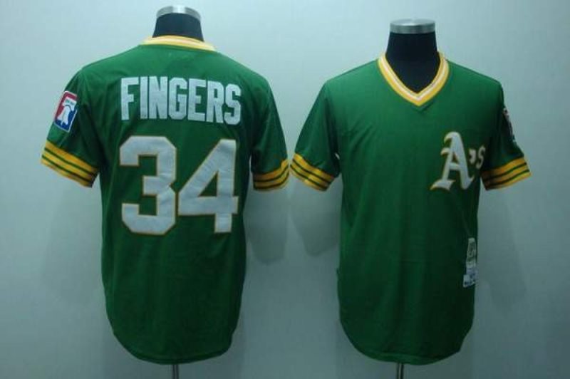 MLB Athletics 34 Rollie Fingers Green Mitchell and Ness Throwback Men Jersey