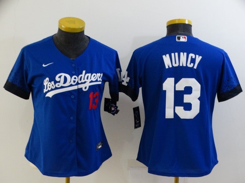 MLB Dodgers 13 Max Muncy Blue 2021 City Connect Cool Base Women Jersey