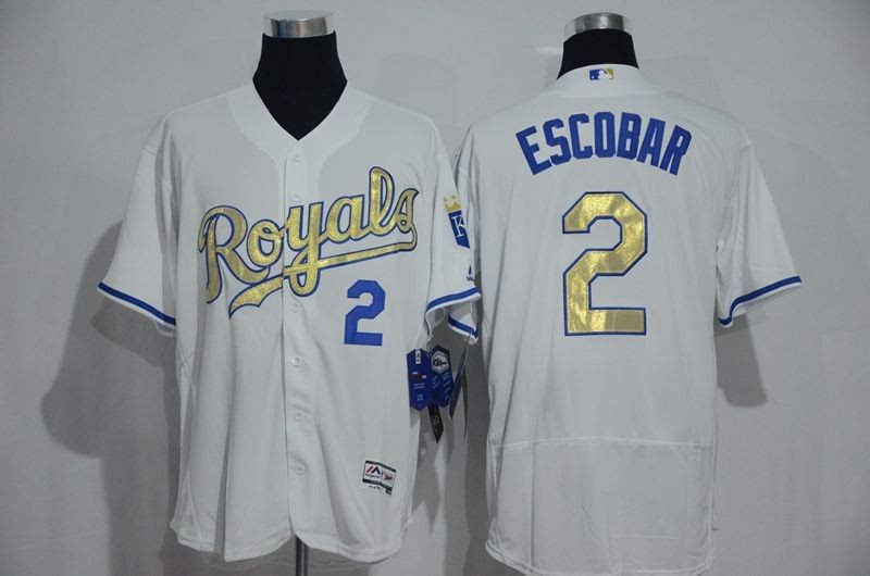 MLB Royals 2 Alcides Escobar White 2015 World Series Champions Gold Flexbase Men Jersey