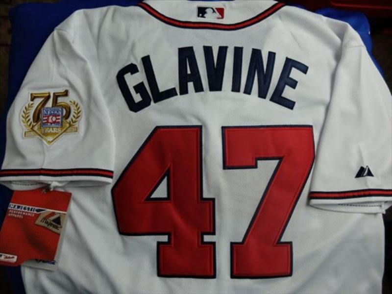 MLB Braves 47 Tom Glavine White With 75th Anniversary Commemorative Patch Men Jersey