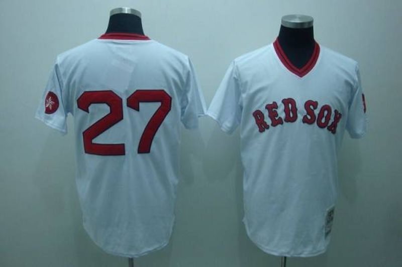 MLB Red Sox 27 Carlton Fisk White Mitchell and Ness Throwback Men Jersey