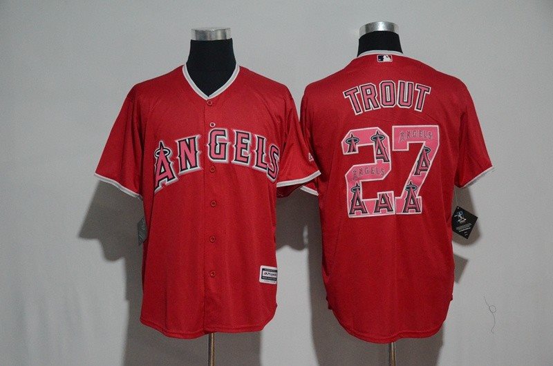MLB Angels 27 Mike Trout Red Team Logo Print Cool Base Men Jersey