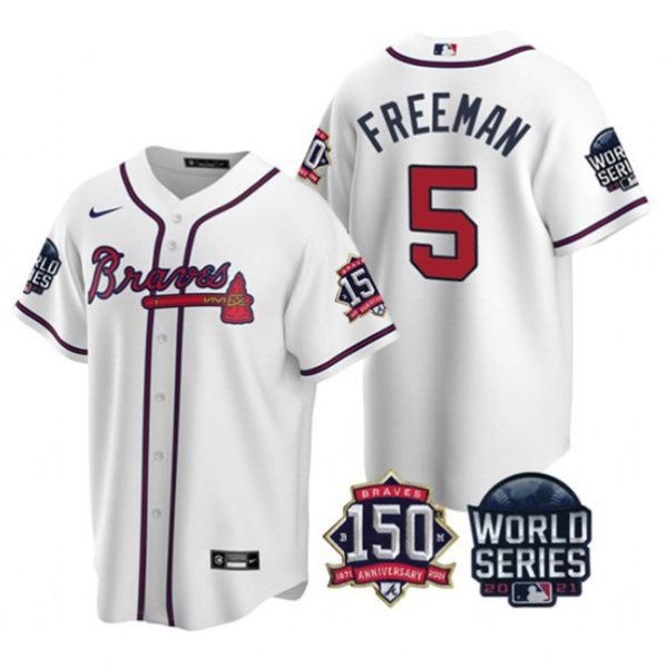 MLB Braves 5 Freddie Freeman White 2021 World Series With 150th Anniversary Patch Cool Base Men Jersey