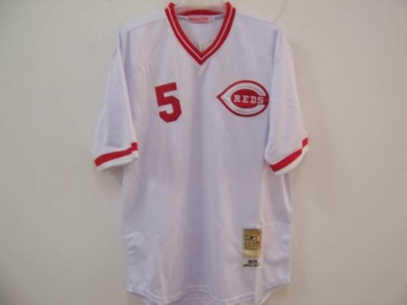 MLB Reds 5 Johnny Bench White Mitchell and Ness Throwback Men Jersey