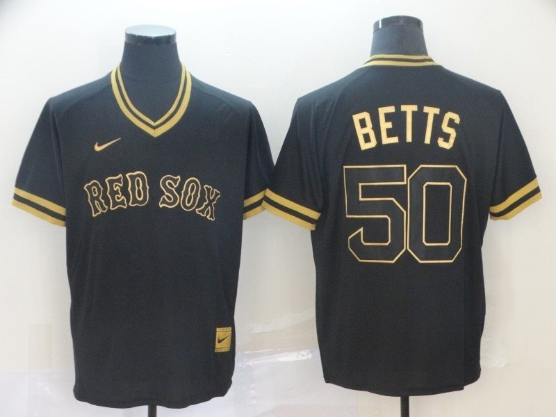 MLB Red Sox 50 Mookie Betts Black Gold Nike Cooperstown Legend V Neck Men Jersey